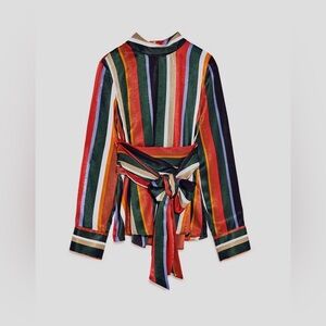 Zara Trafaluc Colorful Blouse Fabric Ribbon Waist Tie Long Sleeve Zipper Neck M